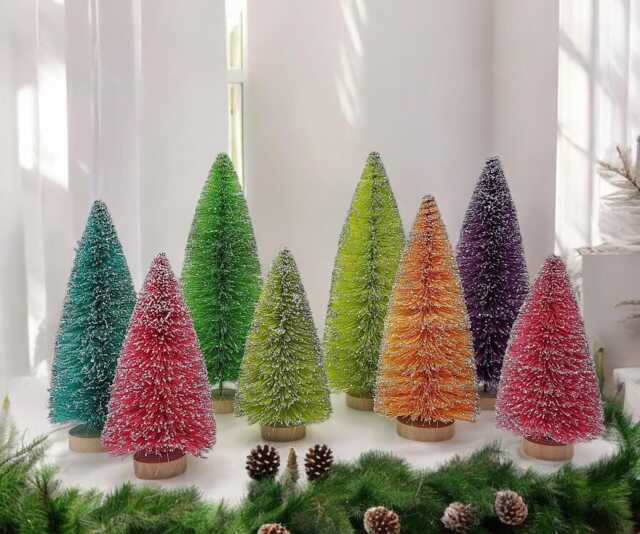 Rainbow Sisal Christmas Tree Set Colorful Mantel Decor - image 1