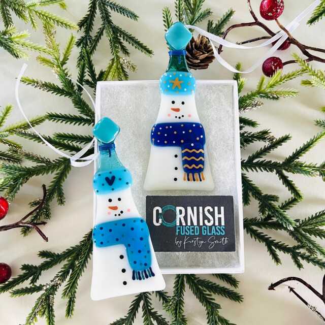 Festive Snowman Fused Glass Christmas Ornaments Box Set Of Two, Fused Glass Cornwall, Cornish - image 1