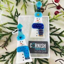 Festive Snowman Fused Glass Christmas Ornaments Box Set Of Two, Fused Glass Cornwall, Cornish - thumbnail 3