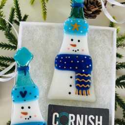 Festive Snowman Fused Glass Christmas Ornaments Box Set Of Two, Fused Glass Cornwall, Cornish - thumbnail 4