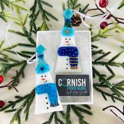 Festive Snowman Fused Glass Christmas Ornaments Box Set Of Two, Fused Glass Cornwall, Cornish