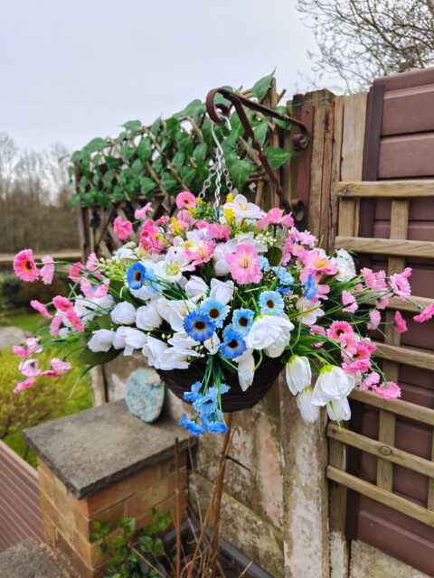 Pink White Blue Artificial Flower Hanging Basket Faux Flowers Basket Summer Outdoor 10 Inch - image 1