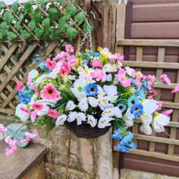 Pink White Blue Artificial Flower Hanging Basket Faux Flowers Basket Summer Outdoor 10 Inch - thumbnail 3