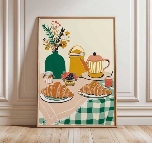 French Breakfast Art Print, Croissant & Coffee Poster, Colorful Kitchen Wall Art, Modern Food Illustration, Cozy Home Decor - image 1