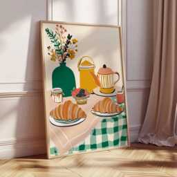 French Breakfast Art Print, Croissant & Coffee Poster, Colorful Kitchen Wall Art, Modern Food Illustration, Cozy Home Decor - thumbnail 2
