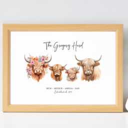 Personalised Highland Cow Family Print - Custom Surname Herd, Farmhouse Wall Art, Names & Year, Rustic Home Gift - thumbnail 2
