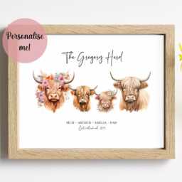 Personalised Highland Cow Family Print - Custom Surname Herd, Farmhouse Wall Art, Names & Year, Rustic Home Gift - thumbnail 1