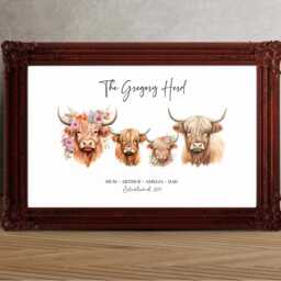 Personalised Highland Cow Family Print - Custom Surname Herd, Farmhouse Wall Art, Names & Year, Rustic Home Gift - thumbnail 3