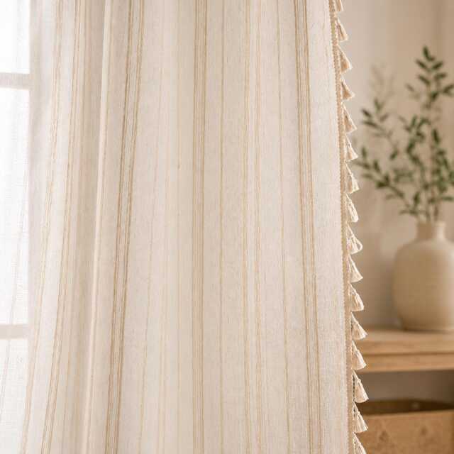 Boho Farmhouse Sheer Curtain With Tassels, Light Filtering Linen-Look Window Panel - image 1
