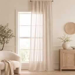 Boho Farmhouse Sheer Curtain With Tassels, Light Filtering Linen-Look Window Panel - thumbnail 3