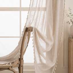 Boho Farmhouse Sheer Curtain With Tassels, Light Filtering Linen-Look Window Panel - thumbnail 2