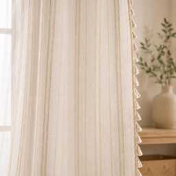 Boho Farmhouse Sheer Curtain With Tassels, Light Filtering Linen-Look Window Panel - thumbnail 1