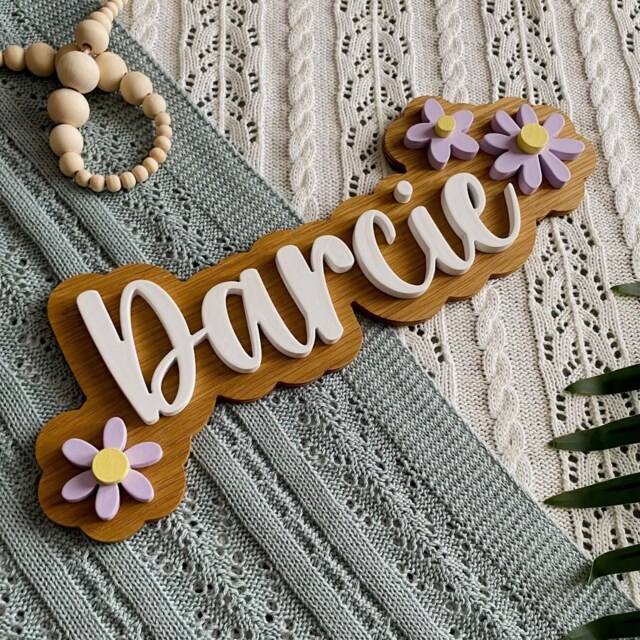 Baby Girl Name Sign, Boho Daisy Bedroom Plaque, Floral Nursery Decor, Wooden Layered Wall Hanging, First Birthday Gift, Shower Present