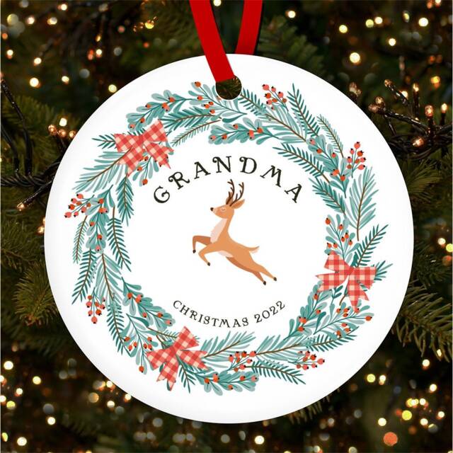 Grandma Reindeer Winter Wreath Personalised Christmas Tree Ornament Decoration