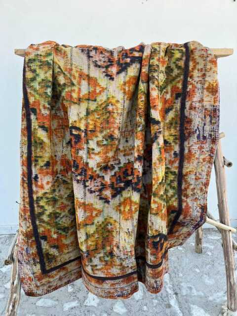 Reversible Cotton Kantha Quilt For All Seasons - Handcrafted Indian Bedspread With Traditional Stitching - image 1