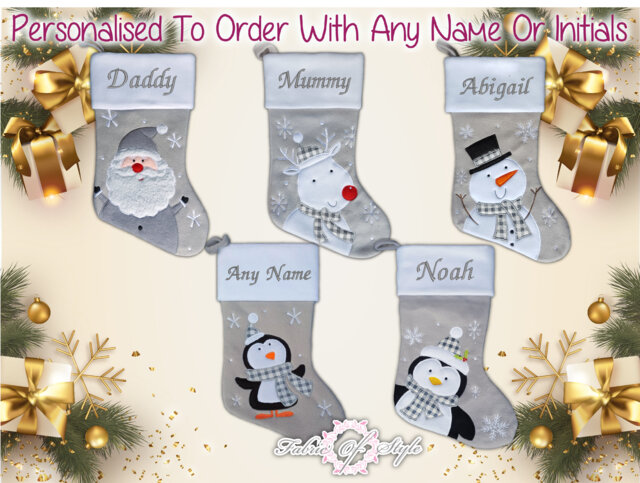 Personalised Christmas Stocking Luxury Embroidered Xmas Stockings Santa Reindeer Snowman Grey - image 1