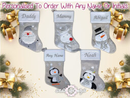 Personalised Christmas Stocking Luxury Embroidered Xmas Stockings Santa Reindeer Snowman Grey - thumbnail 1