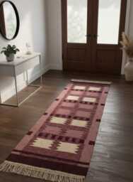 Handmade Geometric Wool Kilim Rug, Maroon & Pink, Custom Size Scandinavian Decor Runner