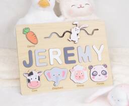 Personalized Baby Gift, Easter Kids Gifts, Custom Wood Name Puzzle With Zoo Animals, Busy Board Toy For 3 Year Old, Birthday Gift Girl - thumbnail 1