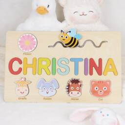 Personalized Baby Gift, Easter Kids Gifts, Custom Wood Name Puzzle With Zoo Animals, Busy Board Toy For 3 Year Old, Birthday Gift Girl - thumbnail 3