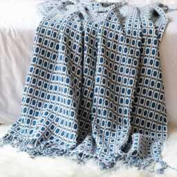 Houndstooth Wool Blanket With Tassels Chequered Sofa Throw - thumbnail 3