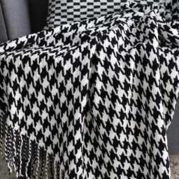 Houndstooth Wool Blanket With Tassels Chequered Sofa Throw - thumbnail 4
