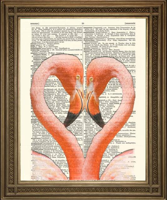 Love Heart Print Romantic Flamingo Art, Printed On Vintage Dictionary Pages - image 1