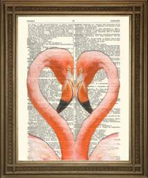 Love Heart Print Romantic Flamingo Art, Printed On Vintage Dictionary Pages - thumbnail 1