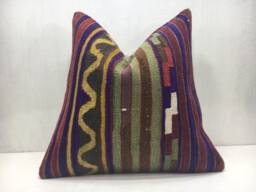 Vintage Turkish Kilim Pillow Cover, Handwoven Linen Cushion, 16x16 - thumbnail 1