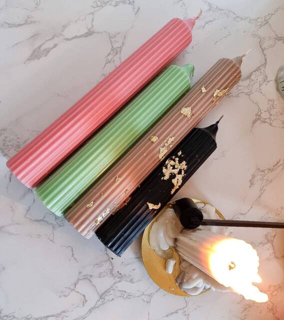 Ribbed Pillar Soy Candle Pair Decorative Gold Foil Candles - image 1