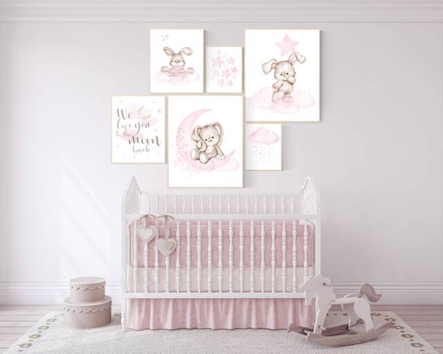 Watercolor Bunny Nursery Print Set Pink Rabbit Wall Art - image 1