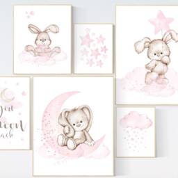 Watercolor Bunny Nursery Print Set Pink Rabbit Wall Art - thumbnail 2