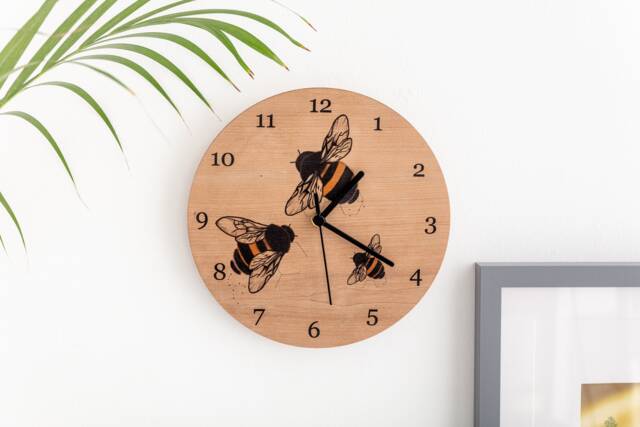 Bee Themed Cherry Wood Clock - Family New Home Gift Illustrated Wooden Wall - image 1