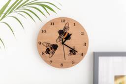 Bee Themed Cherry Wood Clock - Family New Home Gift Illustrated Wooden Wall