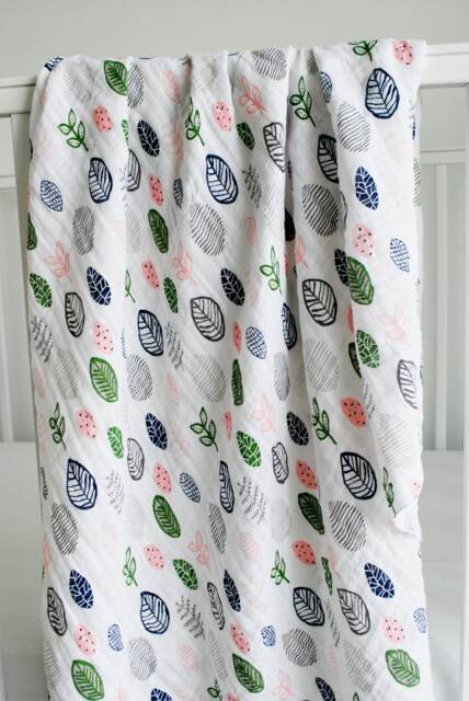 Botanical Leaf Baby Swaddle Blanket, For Newborns, Blanket Girls, Shower Gift, Pink, Gray, Navy Blue, & Green Leaves - image 1