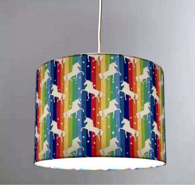 New Kids Girls Room Rainbow Unicorn Print Lamp Shade Pendant Light On Fabric - image 1