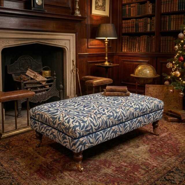 Handmade William Morris Fabric Footstool Ottoman - Wooden Castor Legs Coffee Table - image 1
