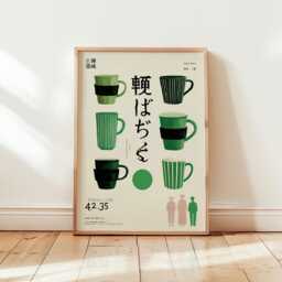 Japanese Coffee Mug Poster, Minimalist Green Cafe Wall Art Print For Kitchen Dining Room Or Bar, Modern Retro Style - thumbnail 1