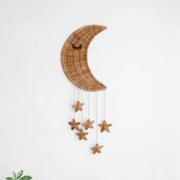 Wicker Moon & Stars Wall Hanging Boho Nursery Decor - thumbnail 4