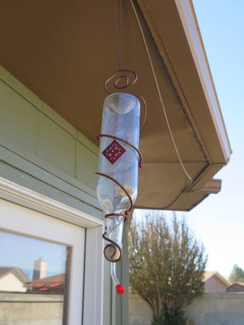 Hand Wrapped Copper Wire Wine Bottle Hummingbird Feeder With Large Charm & Red Beads - image 1
