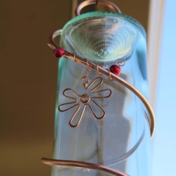 Hand Wrapped Copper Wire Wine Bottle Hummingbird Feeder With Large Charm & Red Beads - thumbnail 2