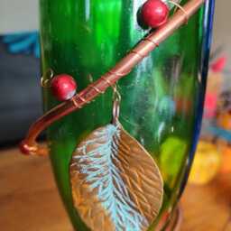 Hand Wrapped Copper Wire Wine Bottle Hummingbird Feeder With Large Charm & Red Beads - thumbnail 4