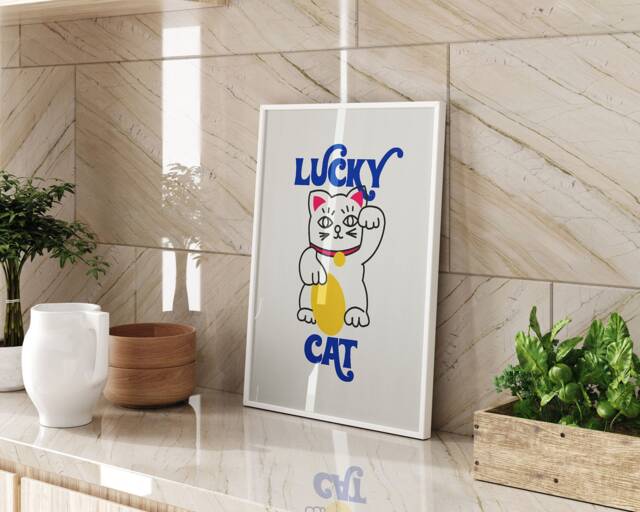 Lucky Cat Cartoon Wall Art Print A3 A4 Bright Colourful Cute Decor For Lovers Home - image 1