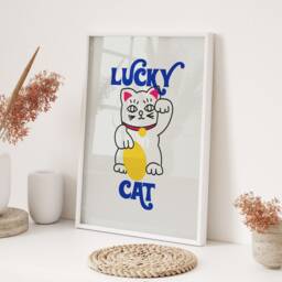 Lucky Cat Cartoon Wall Art Print A3 A4 Bright Colourful Cute Decor For Lovers Home - thumbnail 3