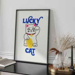 Lucky Cat Cartoon Wall Art Print A3 A4 Bright Colourful Cute Decor For Lovers Home - thumbnail 2