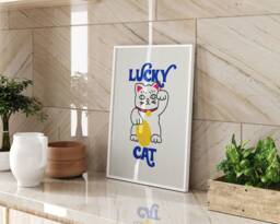 Lucky Cat Cartoon Wall Art Print A3 A4 Bright Colourful Cute Decor For Lovers Home - thumbnail 1