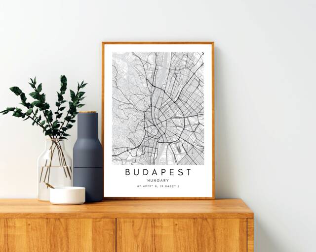 Budapest City Map Art Print Minimalist Black & White - Digital Printable - image 1