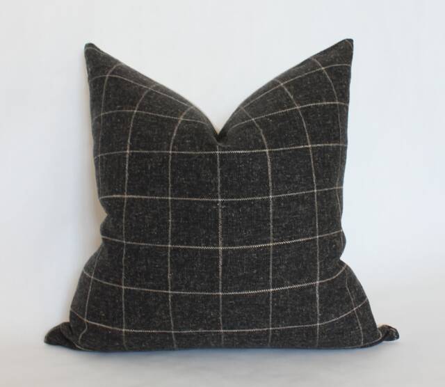 Black Plaid Pillow, Modern Minimalist Charcoal Throw Pillow 18x18, Geometric Cover 20x20, Dark Brown - - image 1