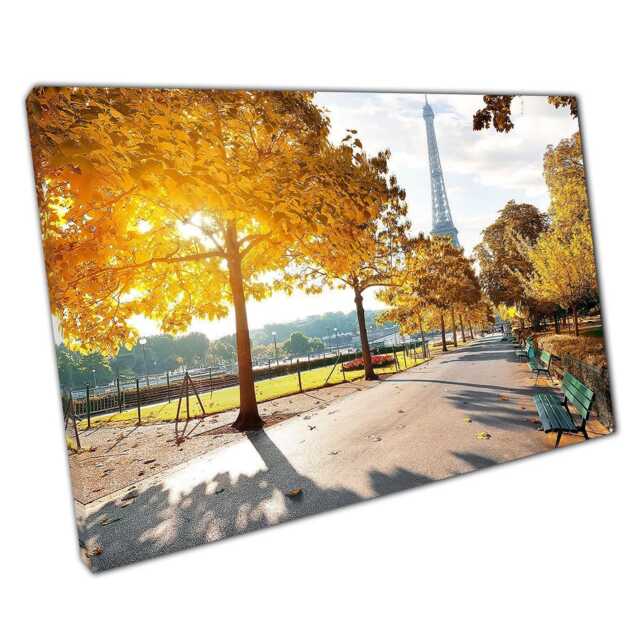 Sunny Autumn Morning Eiffel Tower Wall Art Print - Paris Home Office Decor With Yellow Leaves - image 1