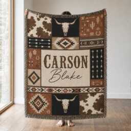 Personalized Western Baby Woven Blanket, Custom Name Cowboy Nursery Decor, Shower Gift - thumbnail 1